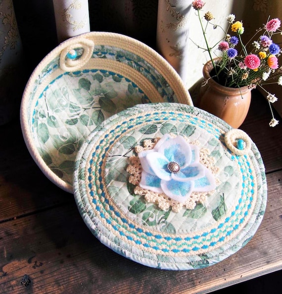 Handmade Coiled Rope Bowl with Lid: Fabric Sewing Basket