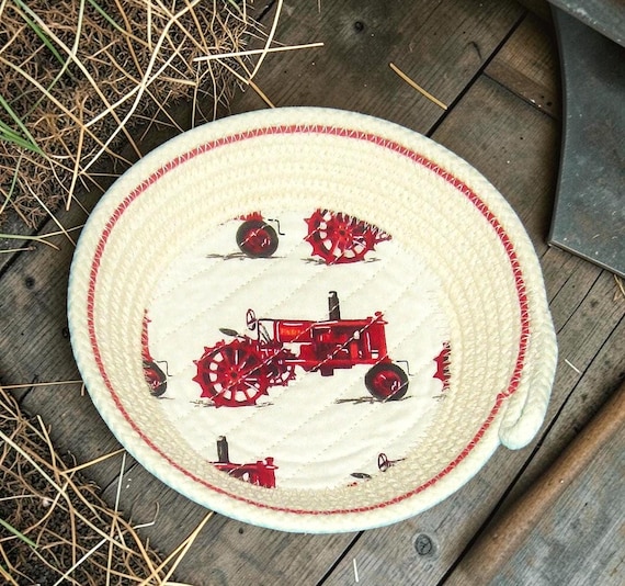 Handmade Tractor Fabric Rope Bowl: Farmhouse Trinket Dish