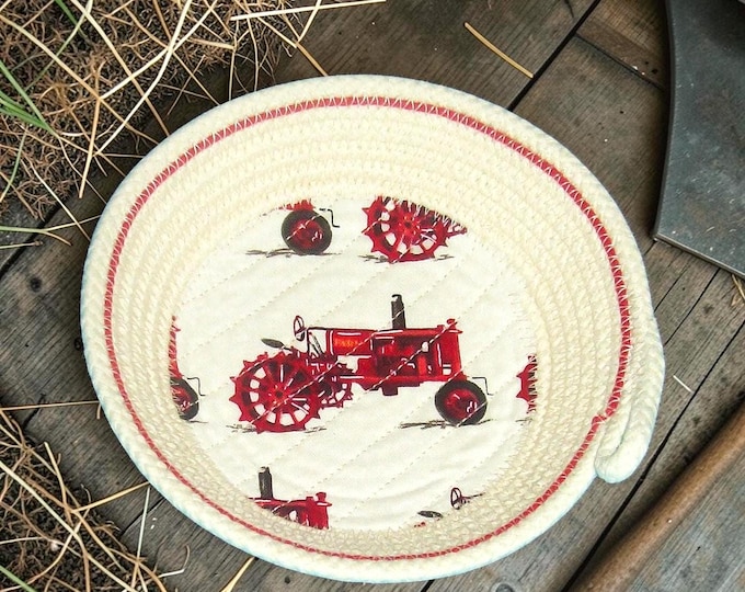 Handmade Tractor Fabric Rope Bowl: Farmhouse Trinket Dish