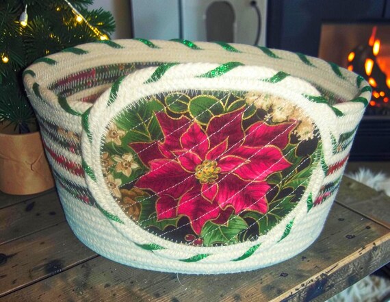 Poinsettia Christmas Rope Bowl: Holiday Fabric Wrapped Basket