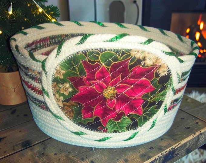 Poinsettia Christmas Rope Bowl: Holiday Fabric Wrapped Basket