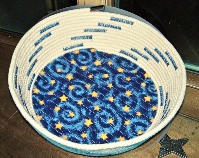 Stars Rope Bowl: Celestial Coiled Fabric Basket -Blue Thread Galaxy Swirls