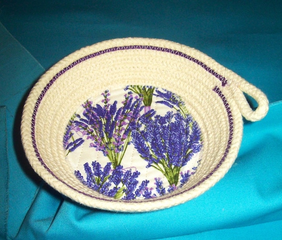 Lavender Floral Rope Bowl: Handmade Cotton Trinket Dish-Mini Cord Basket