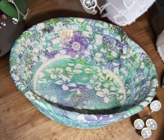 Batik Floral Rope Bowl-Fabric Wrapped Small Basket