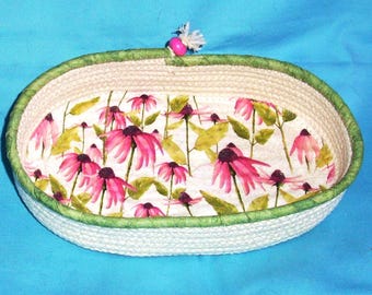 Bol ovalado floral de cuerda - Bol para flores forrado en tela - Regalo decorativo hecho a mano - Cesta enrollada de tendedero - Organizador de gafas - Cesta para mesita de noche