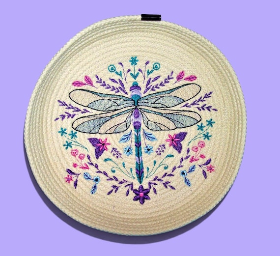 Embroidered Dragonfly Rope Bowl: Handmade Clothesline Basket, Wall Art