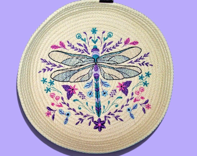 Embroidered Dragonfly Rope Bowl: Handmade Clothesline Basket, Wall Art