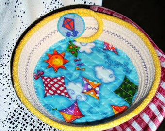 Kite Fun Embroidered Rope Bowl-Child's Fabric Wrapped Basket