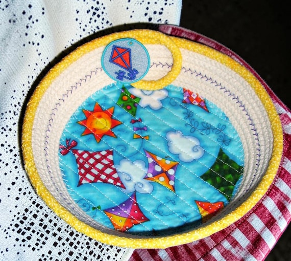 Kite Fun Embroidered Rope Bowl-Child's Fabric Wrapped Basket