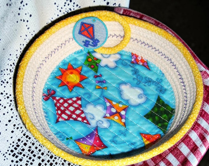 Kite Embroidered Rope Bowl-Child's Fabric Wrapped Basket