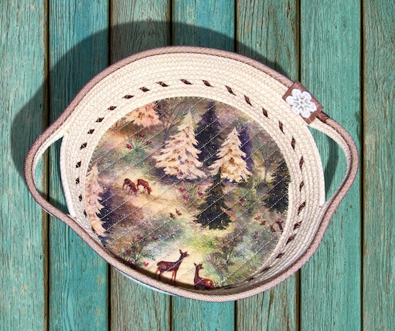 Handmade Deer Rope Bowl: Embroidered Forest Scene Basket