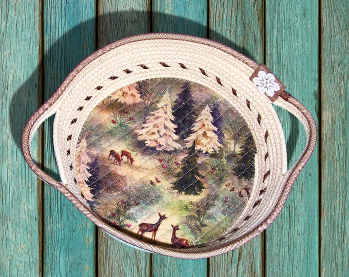 Handmade Deer Rope Bowl: Embroidered Forest Scene Basket
