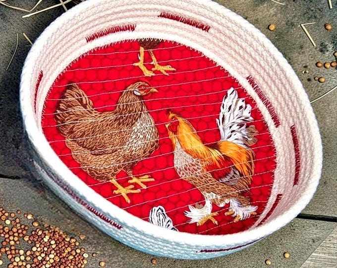 Chicken Fabric Rope Bowl: Farmhouse Coiled Quilted Basket, 8"