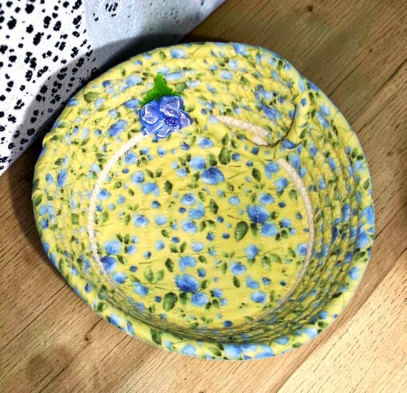 Fabric Wrapped Rope Bowl: Trinket Ring Holder, Decorative Floral Basket