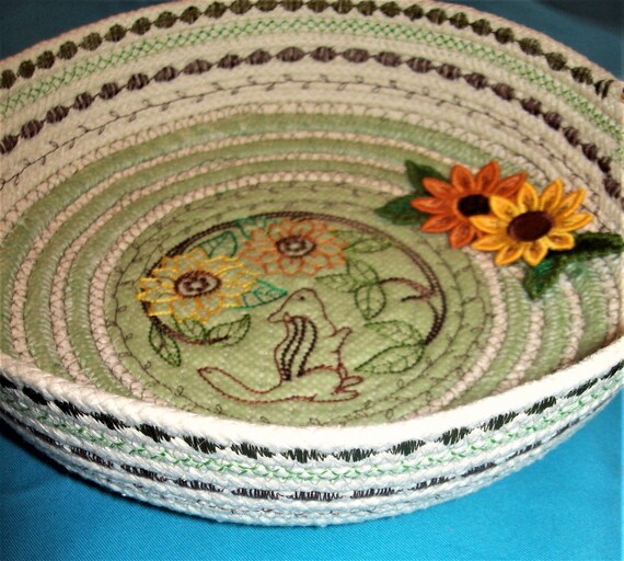Embroidered Rope Bowl-Vintage Chipmunk-lace sunflowers-Coiled Fabric Rope Basket-Fabric Wrapped Shallow Serving Bowl-Squirrel Embroider Gift