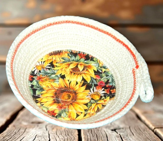 Handmade Sunflower Rope Bowl: Coiled Trinket Key Keeper Basket