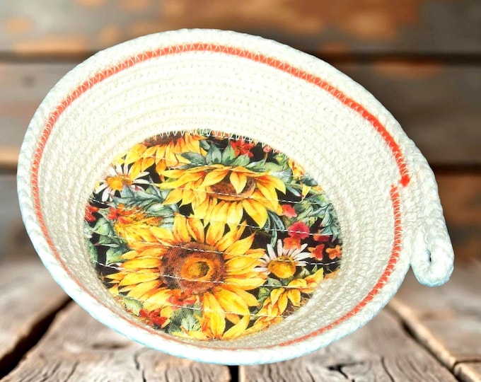 Handmade Sunflower Rope Bowl: Coiled Trinket Key Keeper Basket