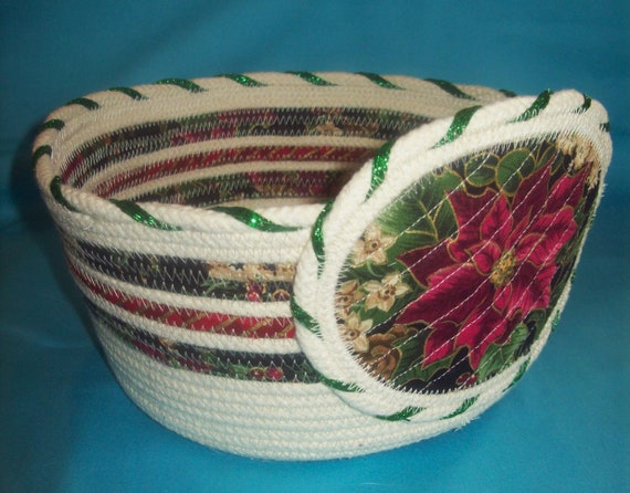 Poinsettia Christmas Rope Bowl: Holiday Fabric Wrapped Basket