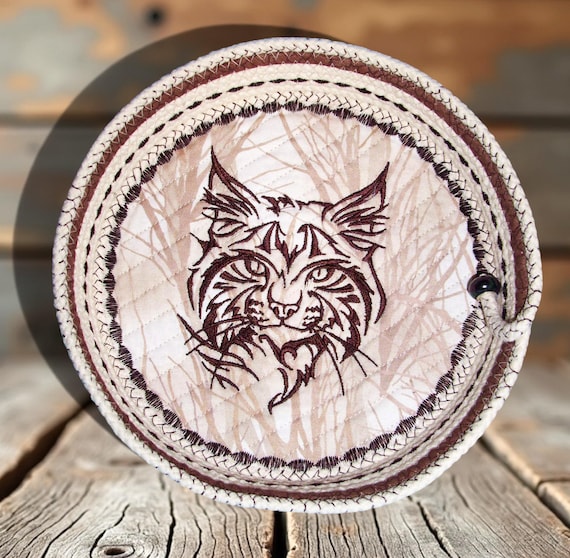 Lynx Embroidered Rope Bowl: Handmade Coiled Basket Organizer