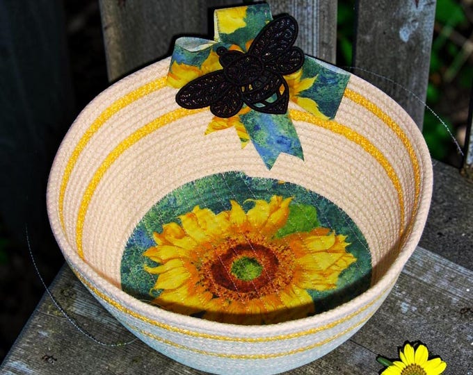 Sunflower Bee Rope Bowl-Medium Large Flower Fabric Basket