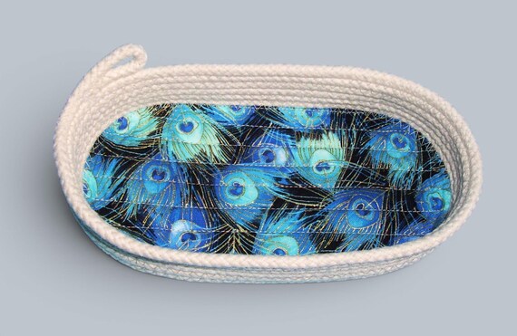 Handmade Oval Rope Bowl: Peacock Feathers Fabric Basket