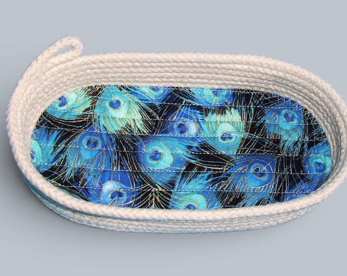 Handmade Oval Rope Bowl: Peacock Feathers Fabric Basket