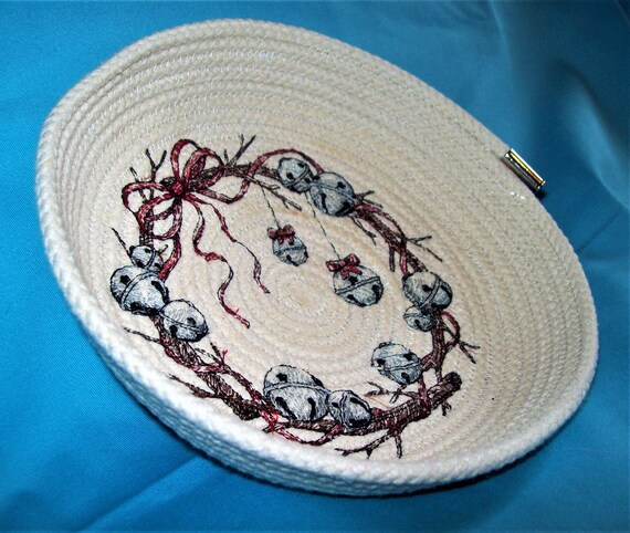 Embroidered Rope Bowl: Christmas Jingle Bells, Winter Holiday Basket