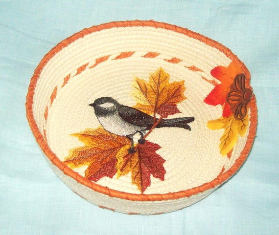 Chickadee Embroidered Rope Bowl-Fall Leaves Braided Basket