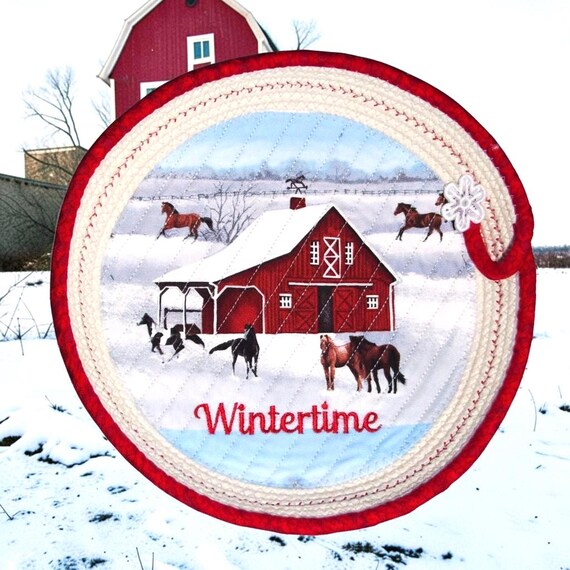 Winter Scene Rope Bowl-Fabric Wrapped Horse Barn Basket