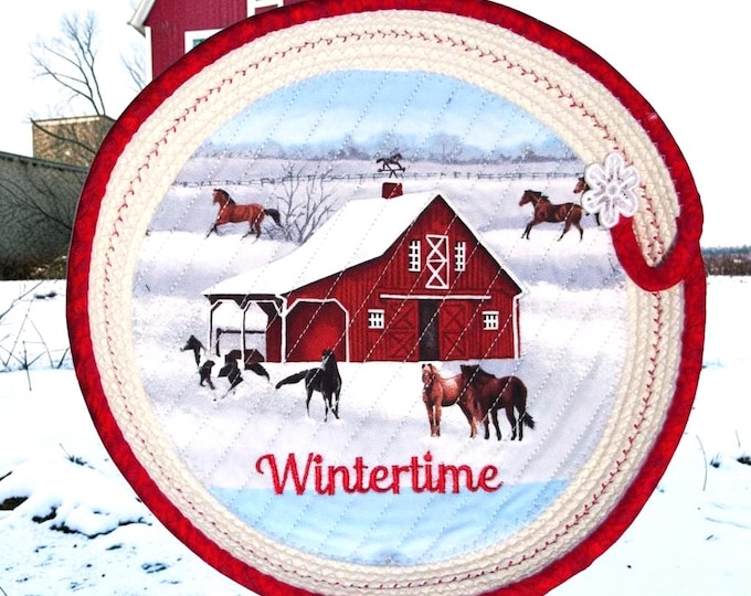 Winter Scene Rope Bowl-Fabric Wrapped Horse Barn Basket