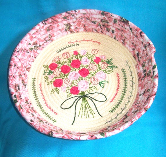 Embroidered Rose Rope Bowl: Handmade Fabric Wrapped Basket