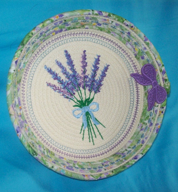 Embroidered Lavender Flower Rope Bowl: Spring Floral Fabric Basket-Lace Side Bow
