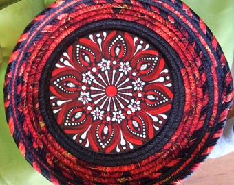 Gran cuenco de cuerda con diseño de mandala - Cesta poco profunda forrada en tela