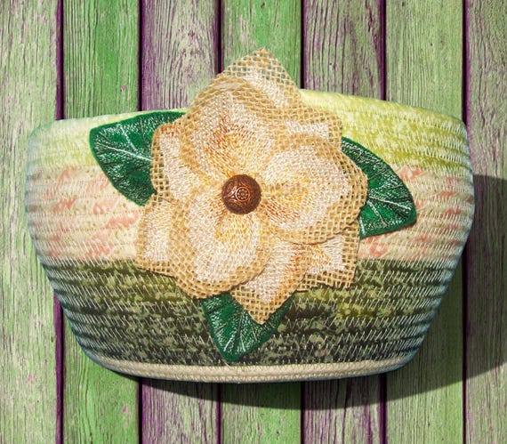 Handmade Magnolia Rope Bowl: Fabric Wrapped Floral Basket