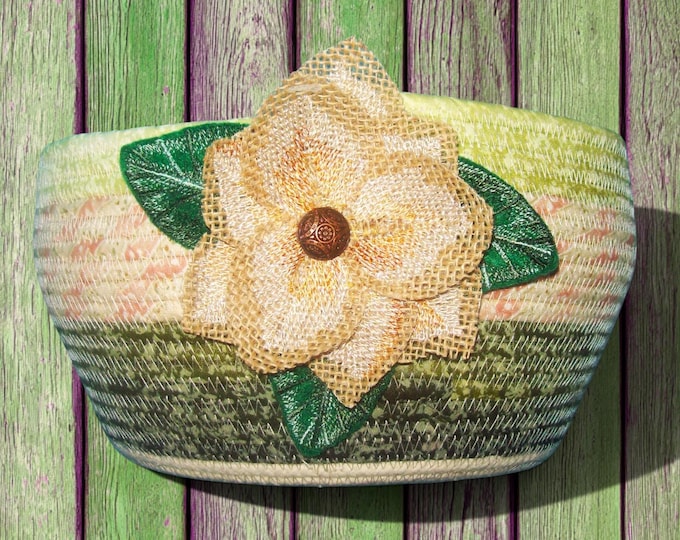 Handmade Magnolia Rope Bowl: Fabric Wrapped Floral Basket