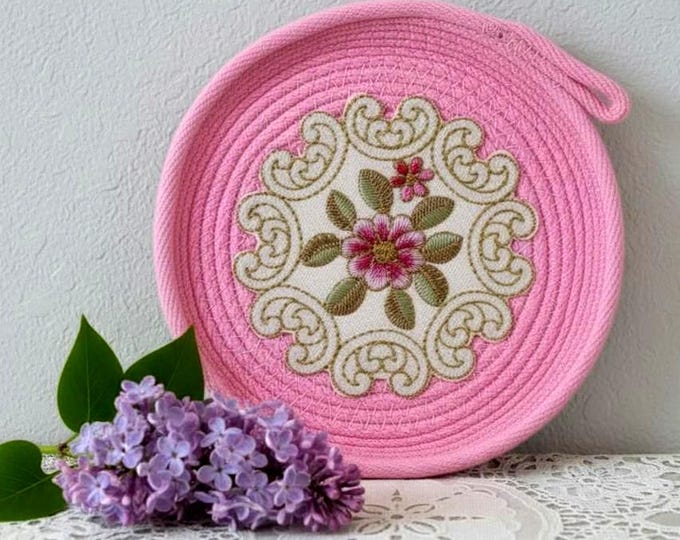 Dainty Rose Rope Bowl-Embroidered Fabric Doily Basket