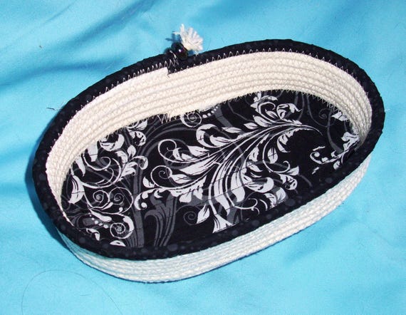 Oval Rope Bowl-Fabric Wrapped Basket-Handmade Coiled Sewn Container-Clothesline Decorative Cord Dish-Catch-all Accessory Organizer Bowl
