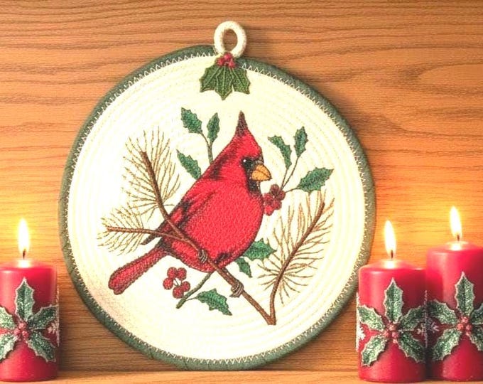 Embroidered Cardinal Wall Art-Handcrafted Cordage Wall Decor