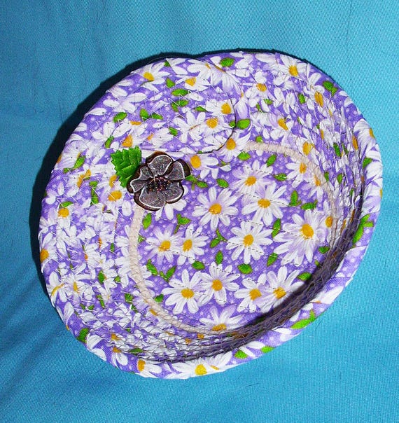 Lavender Daisy Fabric Rope Bowl: Handmade Trinket Basket