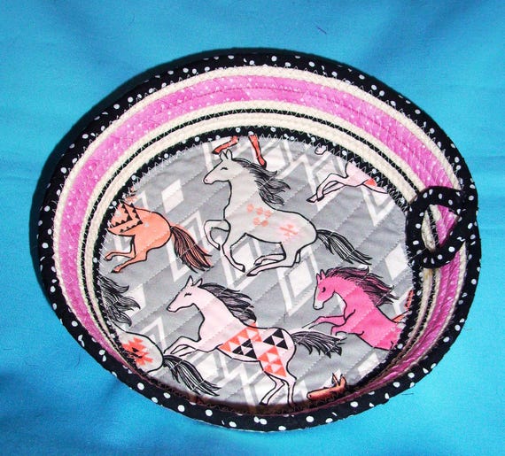 Indian Ponies Rope Bowl-Horse Fabric Wrap Basket-Western Decor