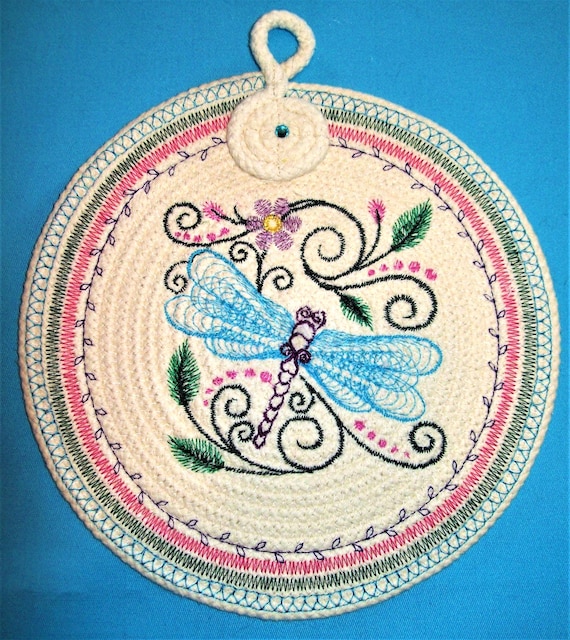 Embroidered Dragonfly Rope Trivet: Handmade Floral Table Mat-Wall Decor