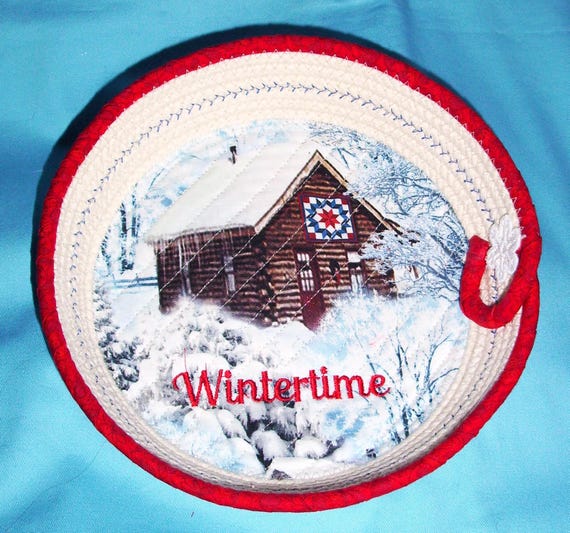 Snow Cabin Fabric Wrapped Rope Bowl-Fabric Wrapped Basket