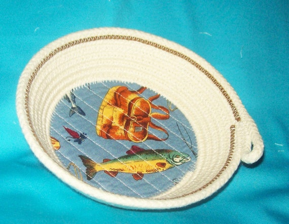 Small Rope Bowl-Coiled Clothesline Basket-Fish Mini Bowl-Little Fabric Trinket Bowl-Montana Handmade-Fisherman Gift-outdoors fishing bowl