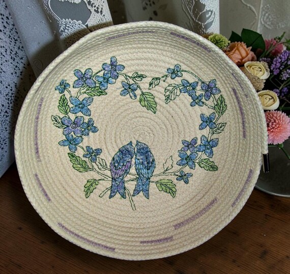 Embroidered Cotton Rope Bowl: Pastel Blue Love Birds, Wedding Gift