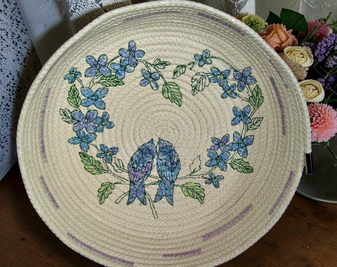 Embroidered Wedding Rope Bowl: Pastel Blue Love Birds