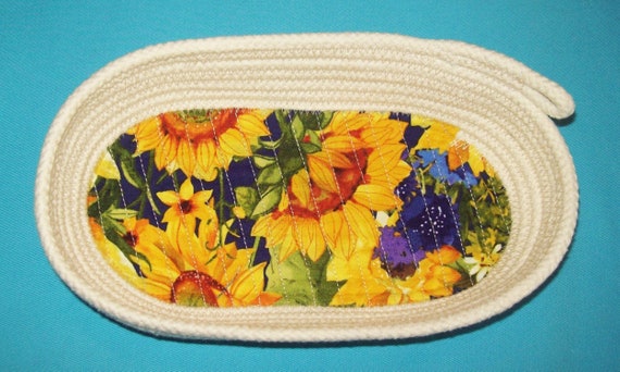 Sunflowers Rope Bowl-Oval Basket-Coiled clothesline bowl-summer sunflower soft bowl-gift rope bowl-catch all-key keeper