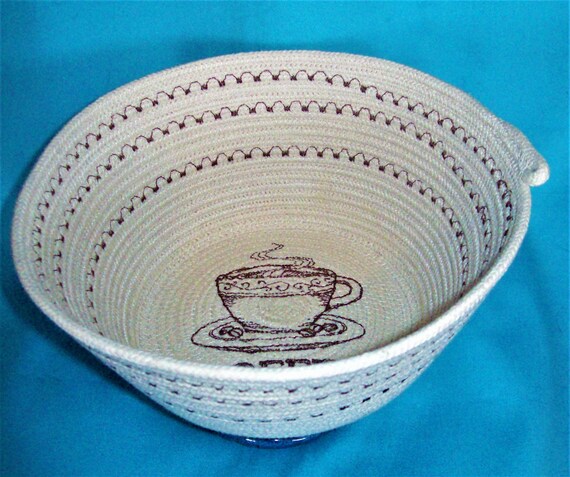 Embroidered Coffee Cup Rope Bowl: Handmade Cotton Coiled Basket