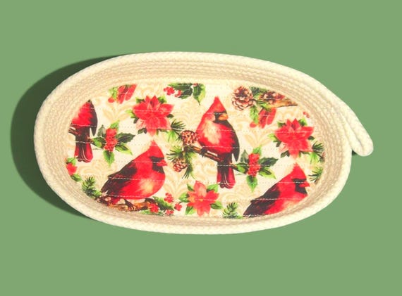 Cardinal Rope Bowl-Christmas Oval Container-Candy Dish-Ring Holder-Glasses Keeper-Holiday Winter Coiled Basket-Poinsettia Handmade Montana