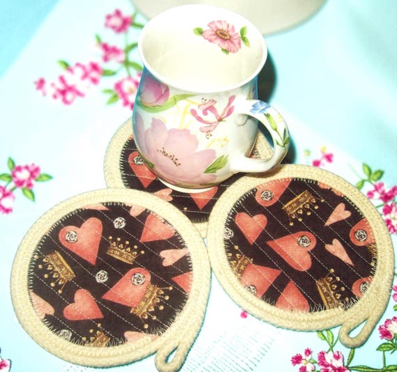 Pink Hearts Rope Coaster: Fabric Coffee Cup Mat - 5 inch