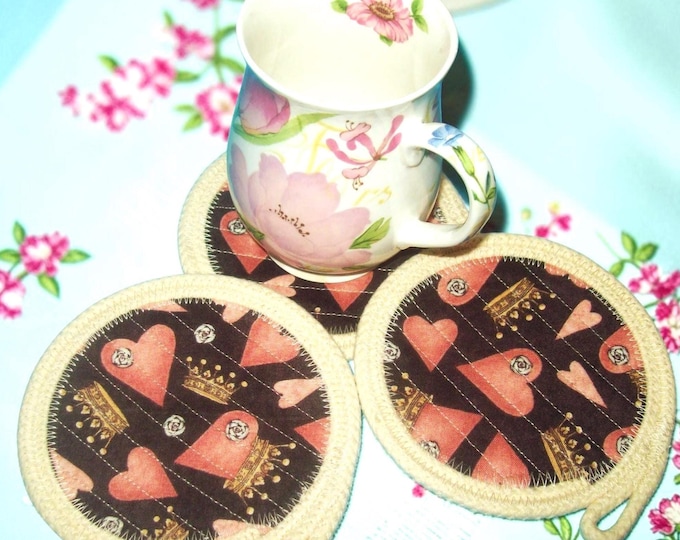 Pink Hearts Rope Coaster: Fabric Coffee Cup Mat - 5 inch